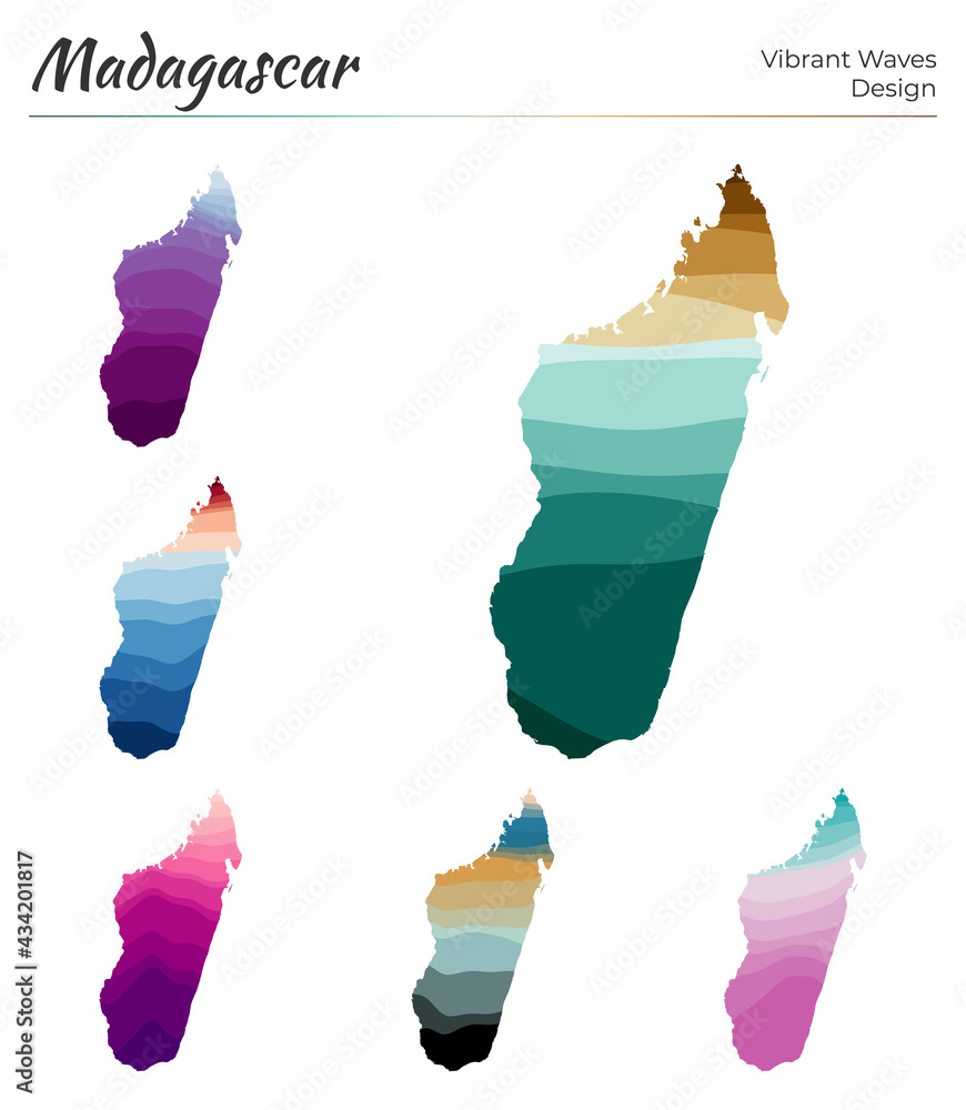 Poster set of vector maps of madagascar. vibrant waves design. bright map of the country in geometric smoot