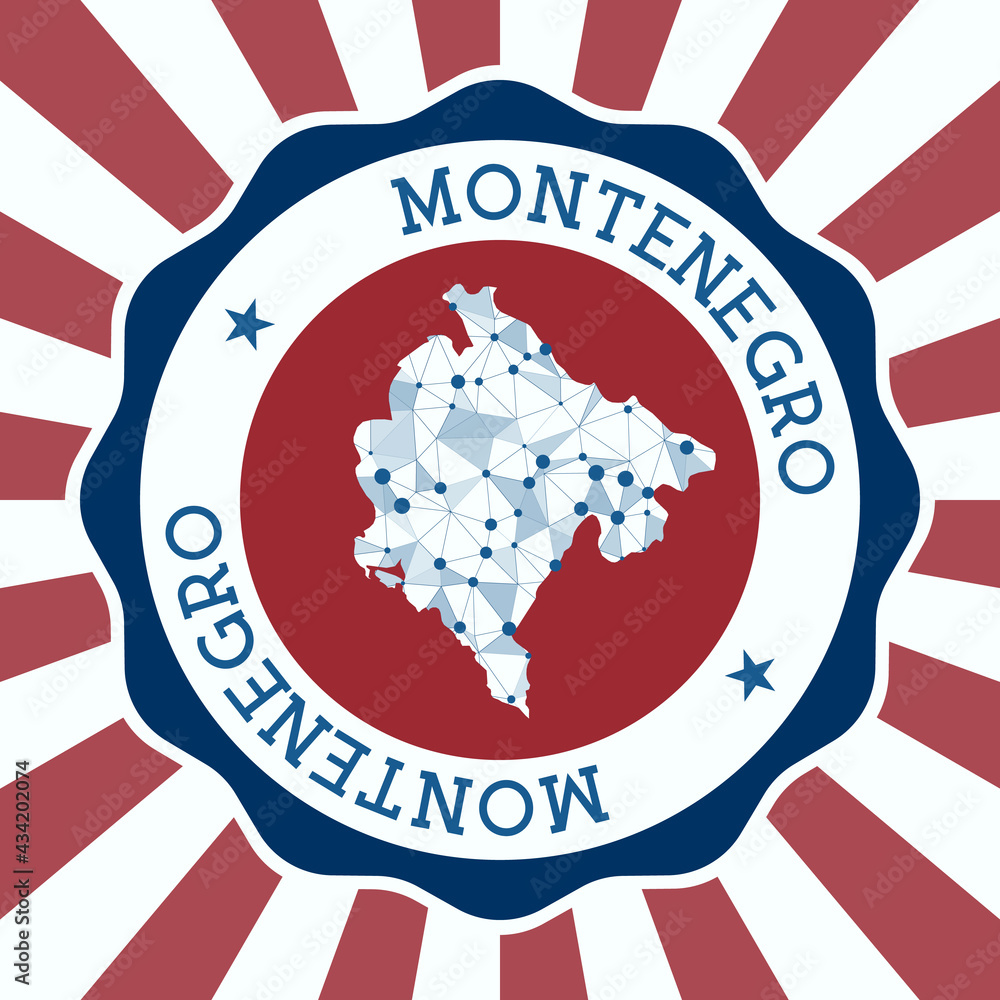 Poster montenegro badge. round logo of country with triangular mesh map and radial rays. eps10 vector.