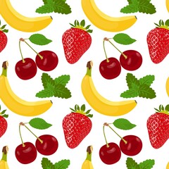 Seamless vector pattern with fresh fruits and berries on a white background. Flat design for wallpaper with fruits.Strawberry, cherry, banana, mint for summer colorful background. Healthy food concept