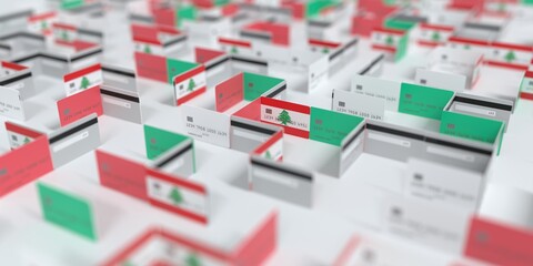 National flag of Lebanon on the mockup credit card maze. Financial difficulties related 3D rendering