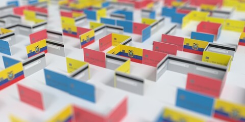 Fototapeta na wymiar Flag of Ecuador on the mockup credit card maze. Financial problems related 3D rendering
