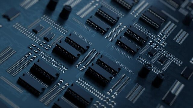 Motherboard circuit, microchip transistors close up view. Computer components. Modern computer technologies. Digital processor. Electro equipment in details. Hi-tech AI. 3D Render concept 4K animation