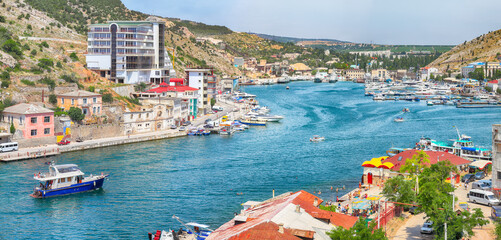 View of Balaklava bay with yachts from the Genoese fortress Chembalo in Sevastopol city.