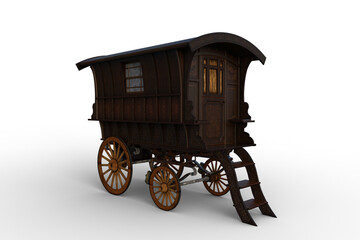 3D rendering of a vintage wooden Romany gypsy caravan isolated on white. - obrazy, fototapety, plakaty