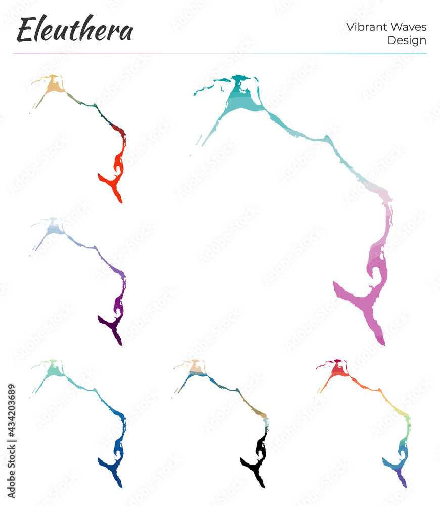 Poster set of vector maps of eleuthera. vibrant waves design. bright map of the island in geometric smooth 