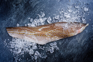 Roher norwegisches Skrei Kabeljau Fisch Filet mit Haut angeboten mit Eis als close-up auf einem...