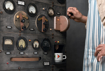 Espresso machine with attendant, vintage equipment