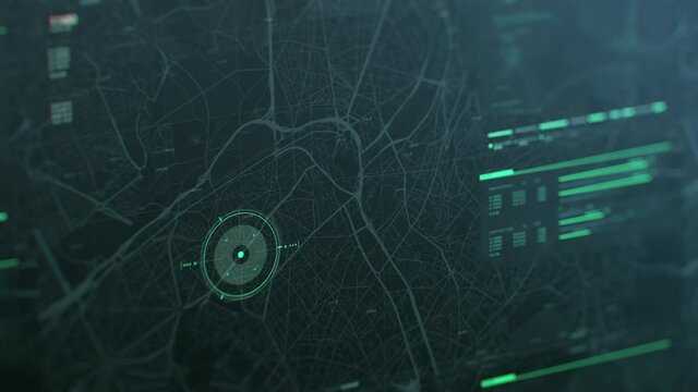 Futuristic security spy program interface. Dynamic modern HUD. GPS location tracking or scanning software. Red marker, indicator moving on map. Satellite view. Hi-tech. 3D Render 4K animation concept
