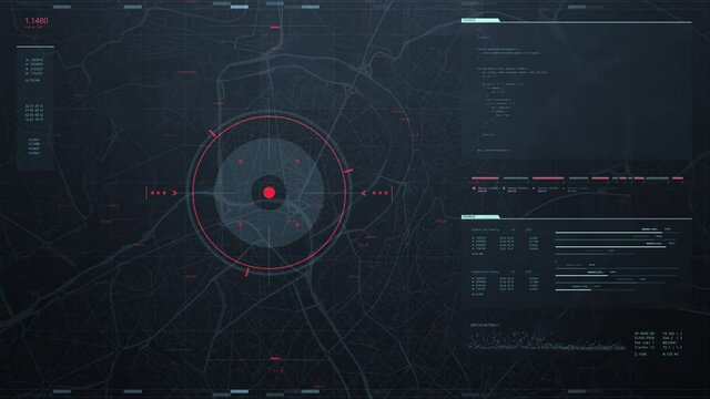 Futuristic security spy program interface. Dynamic modern HUD. GPS location tracking or scanning software. Red marker, indicator moving on map. Satellite view. Hi-tech. 3D Render 4K animation concept