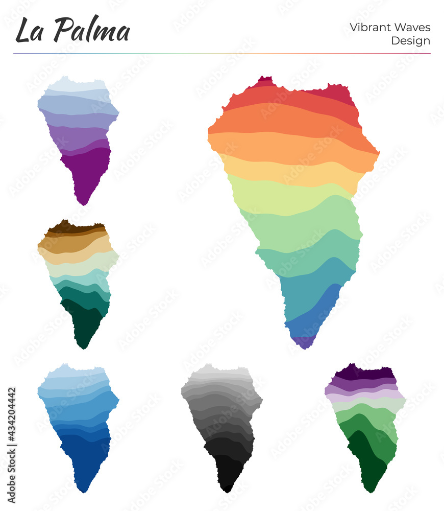 Poster set of vector maps of la palma. vibrant waves design. bright map of island in geometric smooth curve