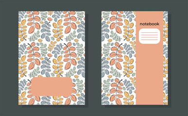 Notebook cover page template. Cover for sketchbook, planners, brochures, books, catalogs, notebook A4 format. Seamless pattern with autumn leaves