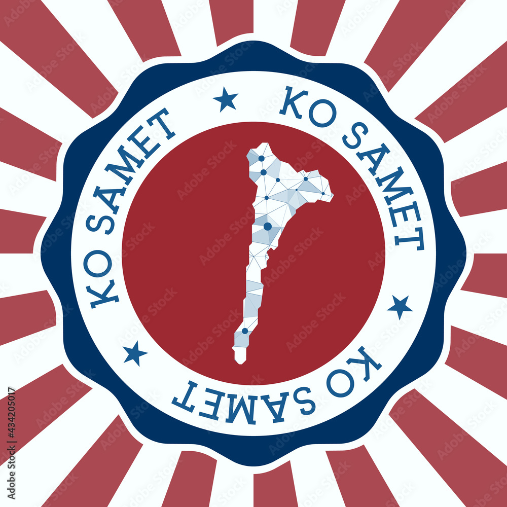 Poster ko samet badge. round logo of island with triangular mesh map and radial rays. eps10 vector.