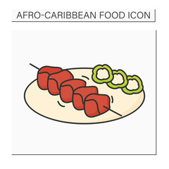 Suya color icon. Spicy meat skewer barbecued. Traditional dish with garnish.Afro-Caribbean food.Local food concept. Isolated vector illustration
