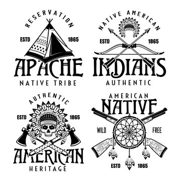 Native american indians set of four vector vintage emblems, labels, badges or logos in monochrome style isolated on white background