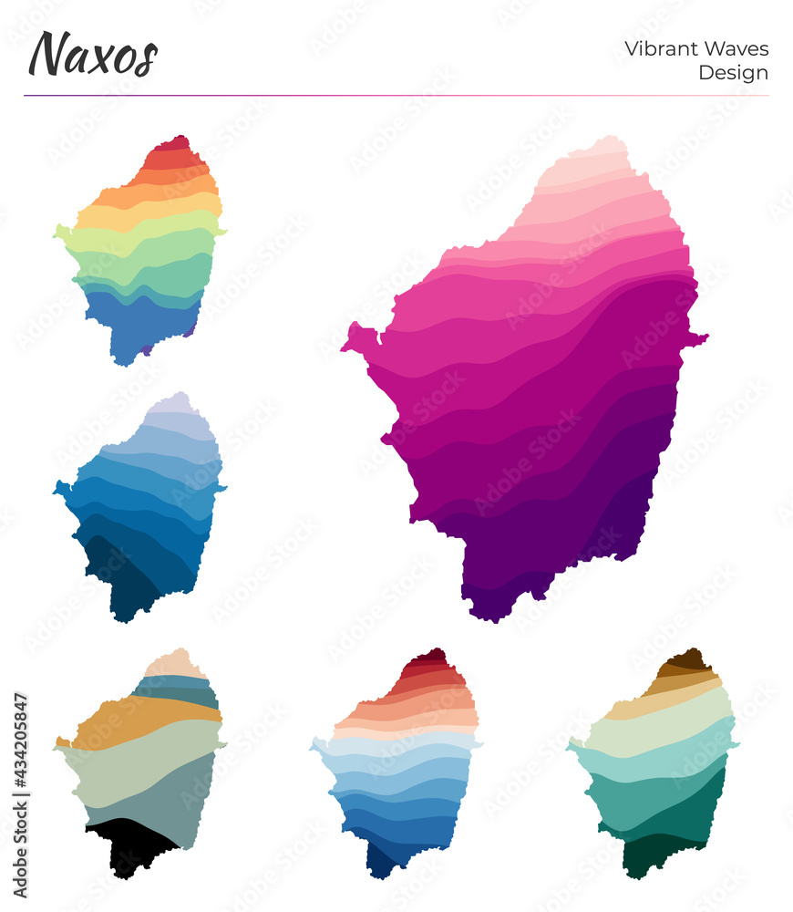 Poster set of vector maps of naxos. vibrant waves design. bright map of island in geometric smooth curves s