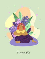 a woman does yoga on the background of plants. Vector illustration