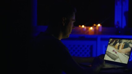 Man chatting with webcam model late at night.