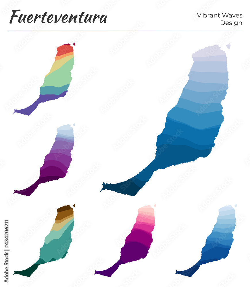 Poster set of vector maps of fuerteventura. vibrant waves design. bright map of the island in geometric smo