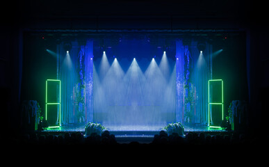 scene, stage light with colored spotlights and smoke
