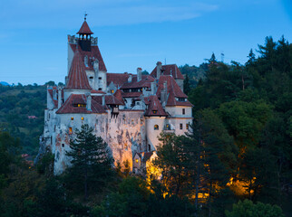 Medieval Bran Castle commonly known as Dracula Castle at sunset, Romania