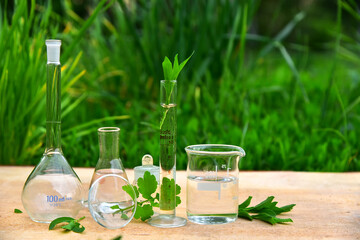 Biology glassware, Biotechnology flask and medicine glass, Alternative green herb medicine, skin care, beauty products, drug research.