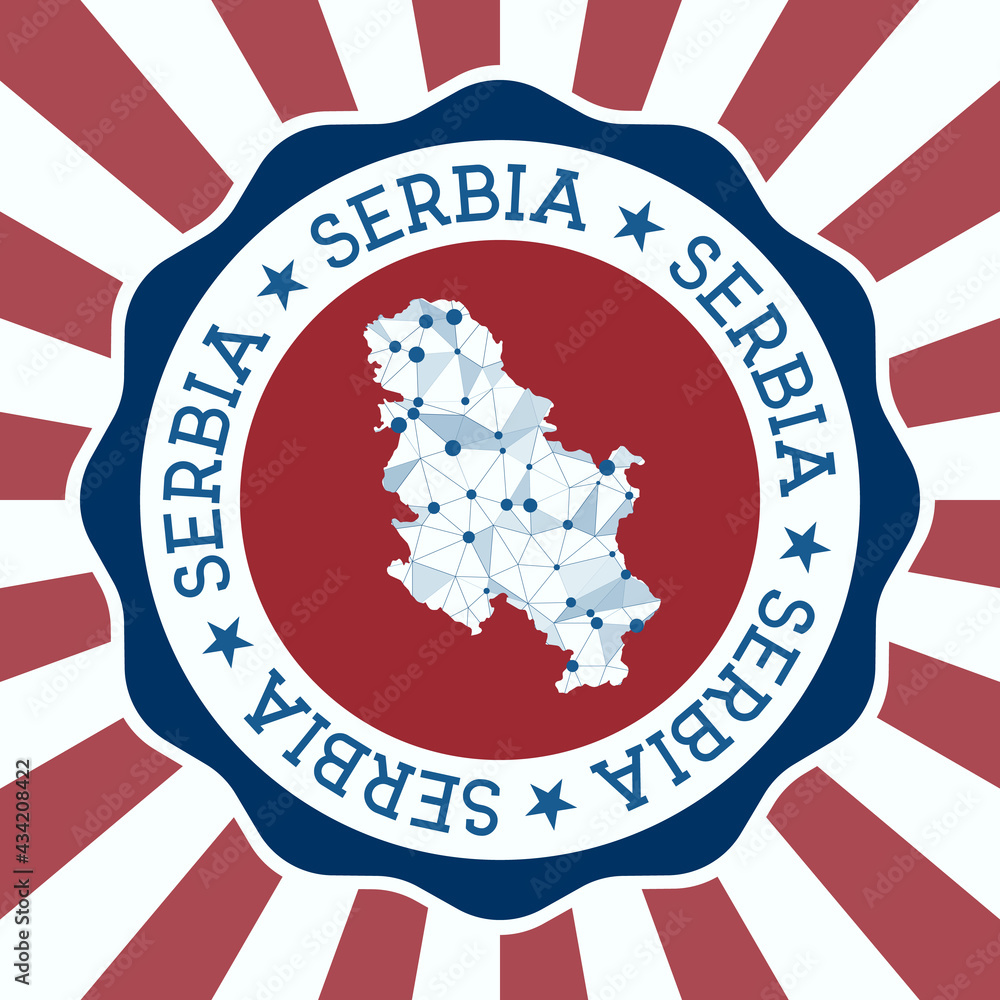 Aufkleber serbia badge. round logo of country with triangular mesh map and radial rays. eps10 vector.