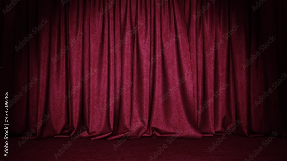 Poster realistic 3d animation of the dark red textured denim curtain with red carpet flooring rendered in u
