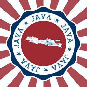 Java Badge. Round logo of an island with a triangular mesh map and radial rays. EPS10 Vector.