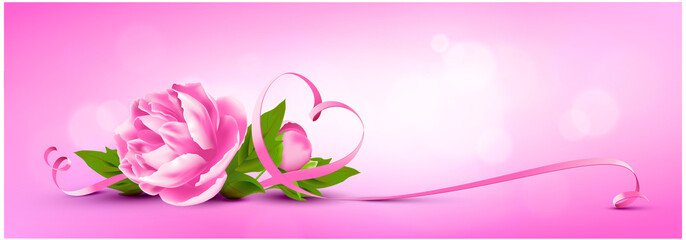 Fototapeta na wymiar Pink peony bouquet with heart shaped ribbon and bokeh background