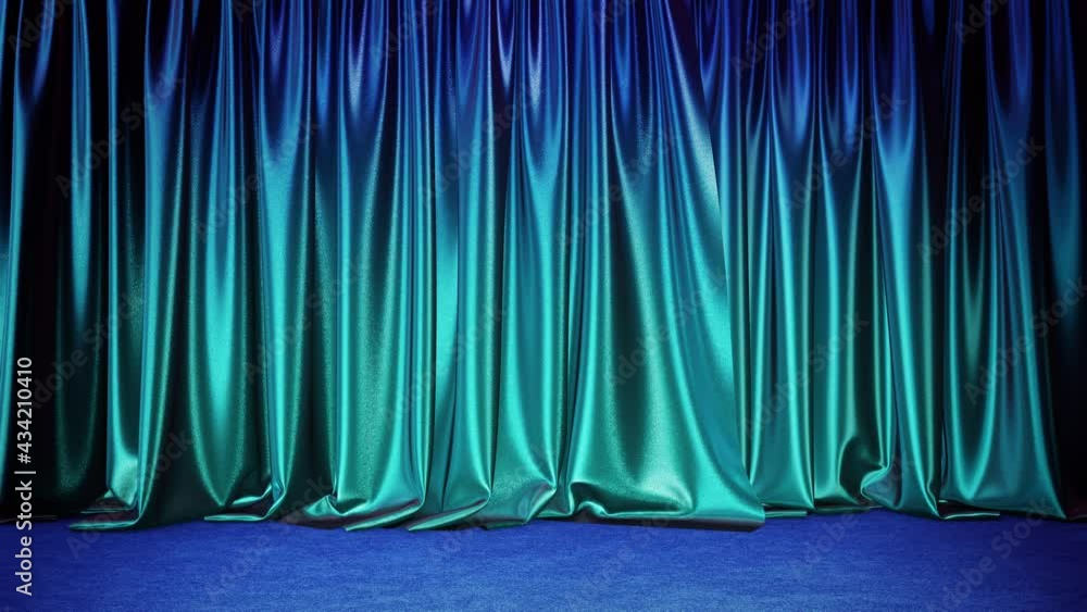 Poster realistic 3d animation of the turquoise blue gradient textured glossy curtain with blue carpet floor
