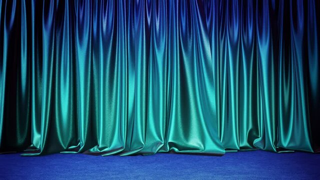 Realistic 3D animation of the turquoise blue gradient textured glossy curtain with blue carpet flooring rendered in UHD with alpha matte