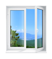 New opened plastic glass window frame isolated on the white background model. 3d illustration.