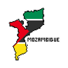 Republic of Mozambique, 8 bit pixel art african country map with flag isolated on white background. Old school vintage retro 80s, 90s computer, video game graphics. Slot machine design element.