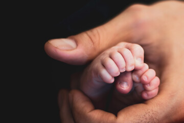 Father's hand holding baby's feet