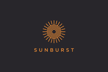 Fototapeta premium Abstract Sun Logo Line. Vintage Circular Sun Icon with Geometric Radial Rays of Sunburst isolated on Black Background. Usable for Business and Nature Logos. Flat Vector Logo Design Template Element.