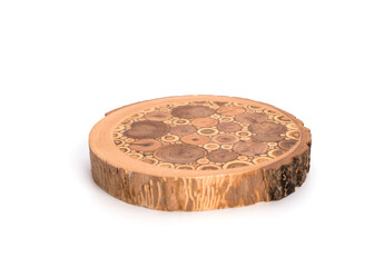 Cross section of a cut wood tree trunk slice with wavy pattern cracks and rings sawed down from the woods