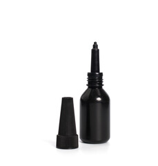 Black oil dropper bottle with blank label isolated on white background. Packaging for medical and cosmetic liquids.