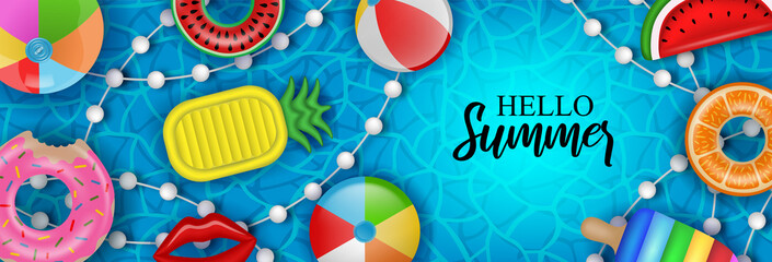 Hello summer banner with inflatable balls, mattress and swimming rings on pool water background