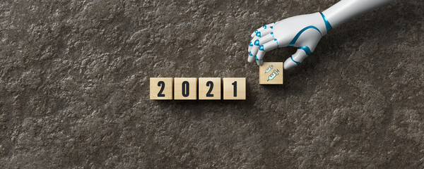 robot hand adding a cube with a syringe symbol to other cubes with the number 2021 on stone...
