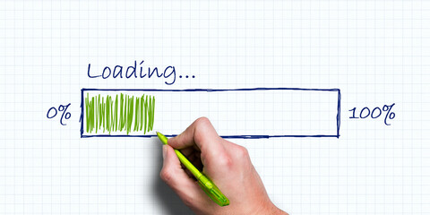 hand drawing a loading bar with the text LOADING... on paper background