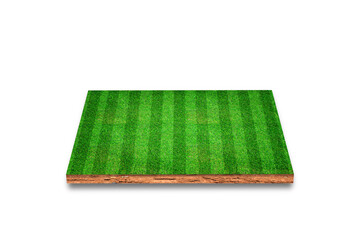 Soil cubical cross section with soccer field, green grass, Isolated on white background. 3D Rendering. © banphote