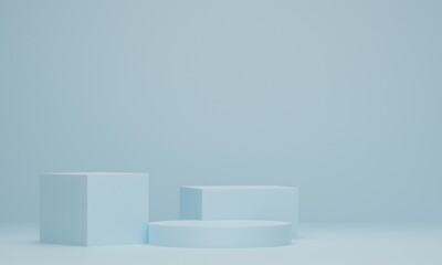 Minimal scene with podium on blue pastel background. Geometric shape. Abstract scene with geometrical forms. 3d rendering.