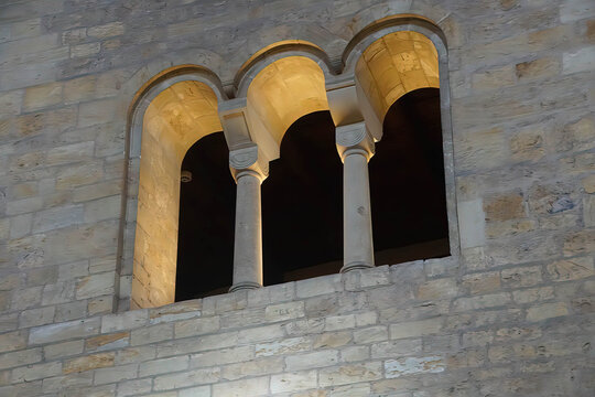Mullioned windows of romanesque St George Basilica
