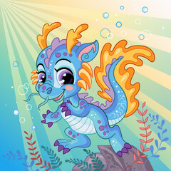 Fototapeta na wymiar Cute little water dragon background vector illustration