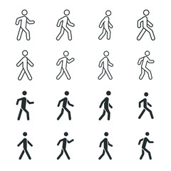 Walk line and glyph icon set. Simple outline and solid style collection. Pedestrian, man, pictogram, human, side, walkway concept symbol. Vector illustration isolated on white background. EPS 10.