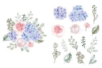set of isolated hydrangea blue with rose watercolor illustration