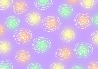 Floral pattern with delicate yellow, pink and green roses isolated on pastel purple background. Creative spring concept