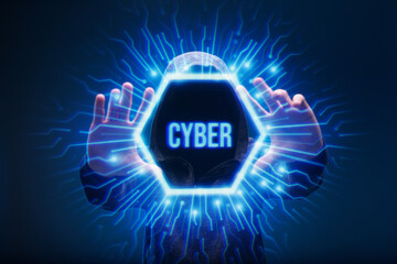 Dangerous hacker. Internet, cyber crime, cyber attack, system, game, breaking and malware concept. Dark background. Futuristic holographic interface to display data. Man in glasses of virtual reality.