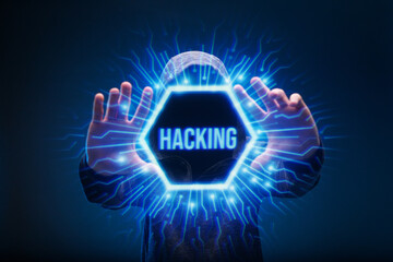 Dangerous hacker. Internet, cyber crime, cyber attack, system, game, breaking and malware concept. Dark background. Futuristic holographic interface to display data. Man in glasses of virtual reality.