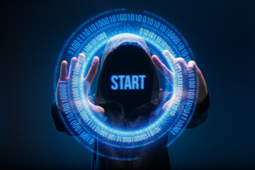 Internet, cyber crime, game concept. Futuristic holographic interface to display data. Man in glasses of virtual reality presses the start button.
